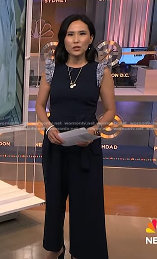 Vicky’s navy ruffle shoulder jumpsuit on NBC News Daily