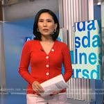 Vicky’s red ribbed cardigan and pink pants on NBC News Daily