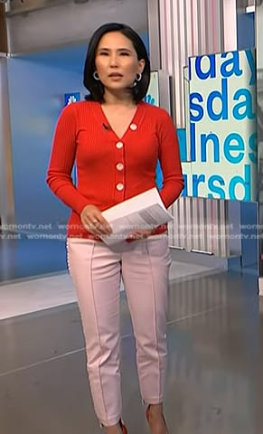 Vicky’s red ribbed cardigan and pink pants on NBC News Daily