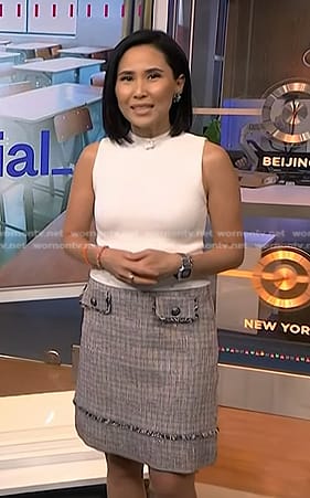 Vicky's white top and tweed mini skirt on NBC News Daily