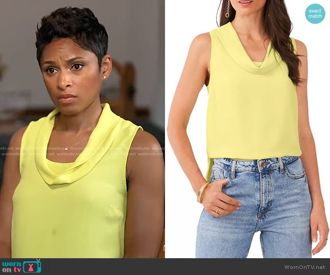 Vince Camuto Cowl Neck Sleeveless Blouse in Lemon Yellow worn by Jericka Duncan on CBS Evening News