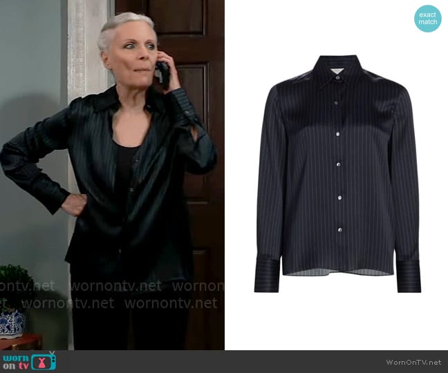 Vince Pinstriped Silk Blouse worn by Tracy Quartermaine (Jane Elliot) on General Hospital