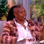 Whoopi’s pink printed shirt and pants on The View