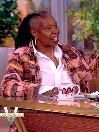 Whoopi's pink printed shirt and pants on The View