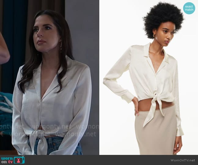 Wilfred at Aritzia Tie-Front Satin Blouse in Light Birch worn by Sam McCall (Kelly Monaco) on General Hospital