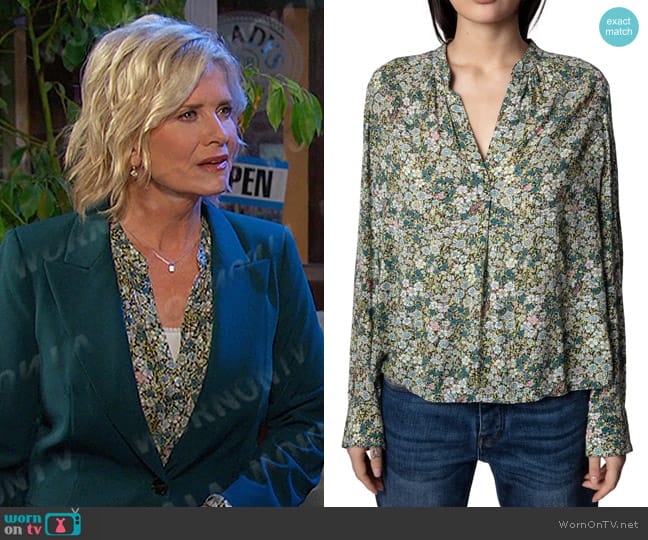 Zadig & Voltaire Tink Floral Popover Top in Jaune worn by Kayla Brady (Mary Beth Evans) on Days of our Lives