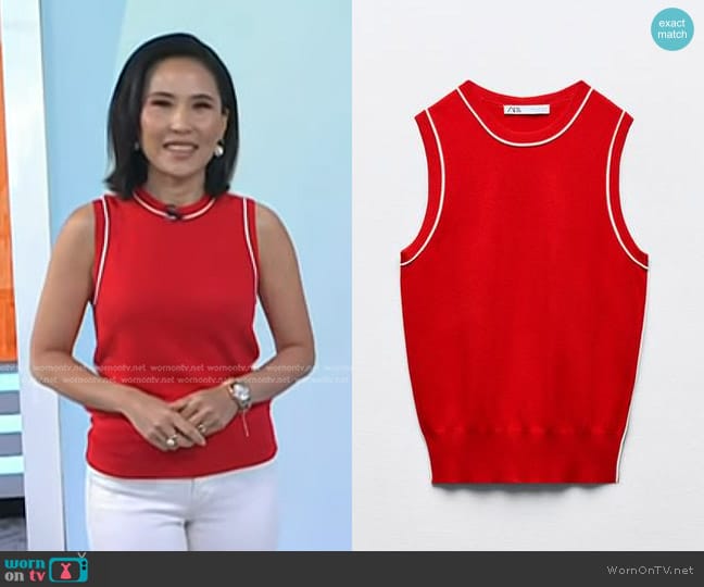 Zara Basic Knit Top with Contrasting Piping in red worn by Vicky Nguyen on Today