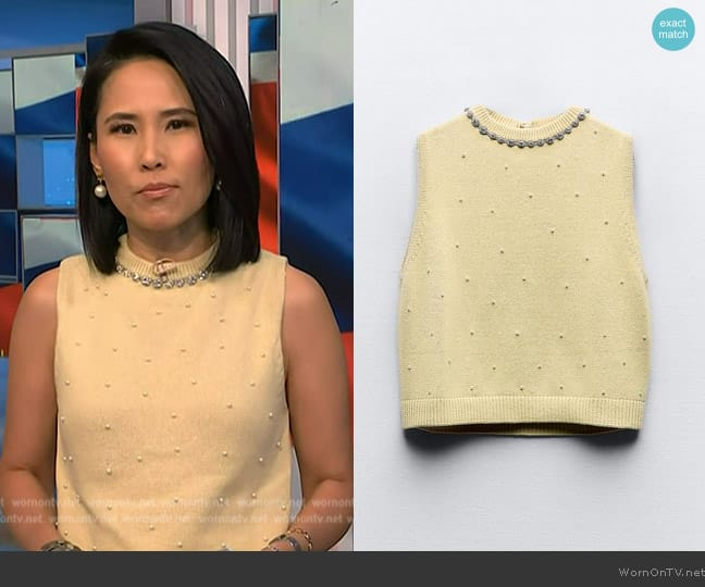 Zara Jewel and Pearl Knit Top worn by Vicky Nguyen on NBC News Daily