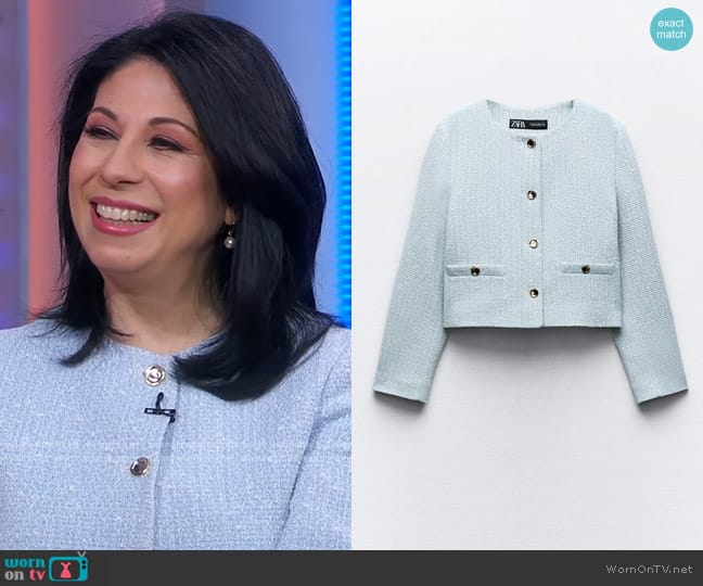 Zara  Structured Round Neck Blazer in Blue/White worn by Alexis Christoforous on Good Morning America