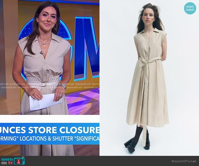 Zara Wrinkled Shirtdress in Light Camel worn by Erielle Reshef on Good Morning America