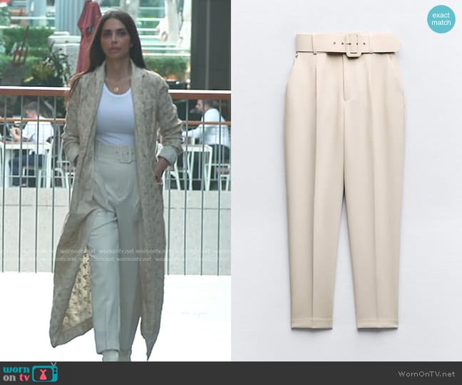 Zara Pants with Fabric-Covered Belt in Ecru worn by Sara Al Madani (Sara Al Madani) on The Real Housewives of Dubai