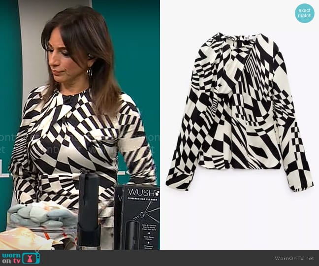 Zara Pleated Print Blouse worn by Michelle Miller on CBS Mornings