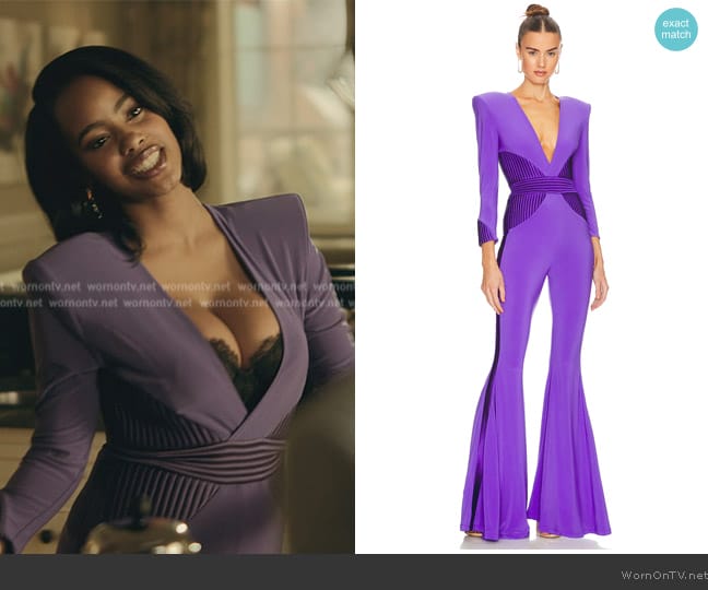 Tatiana’s purple plunging jumpsuit on The Chi