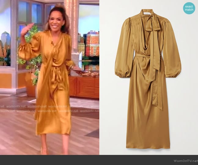 Zimmermann Billow pussy-bow belted silk-satin midi dress worn by Sunny Hostin on The View