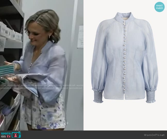 Zimmermann Natura Blouse in Lilac Blue worn by Megan Trottier on Good Morning America