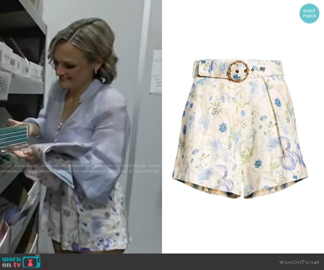 Zimmermann Natura Floral Belted Linen Shorts in Blue Garden Print worn by Megan Trottier on Good Morning America