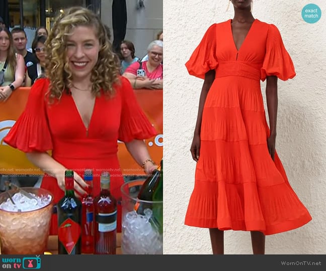 Zimmermann Pleated Midi Dress in Tomato worn by Katherine Lewin on Today