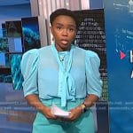 Zinhle’s blue tie neck blouse and wide-leg pants on NBC News Daily