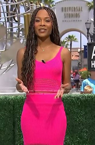 Zuri's pink pointelle tank top and skirt on Access Hollywood