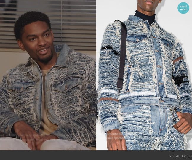 1017 Alyx 9sm x Blackmeans shredded denim jacket worn by JR (Sylvester Powell) on All American Homecoming