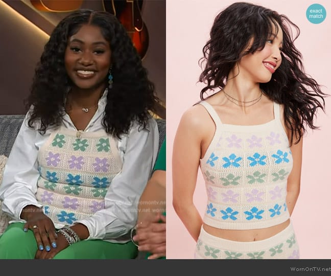 American Eagle Floral High Neck Sweater Tank Top worn by Ka'liya Smith on The Kelly Clarkson Show