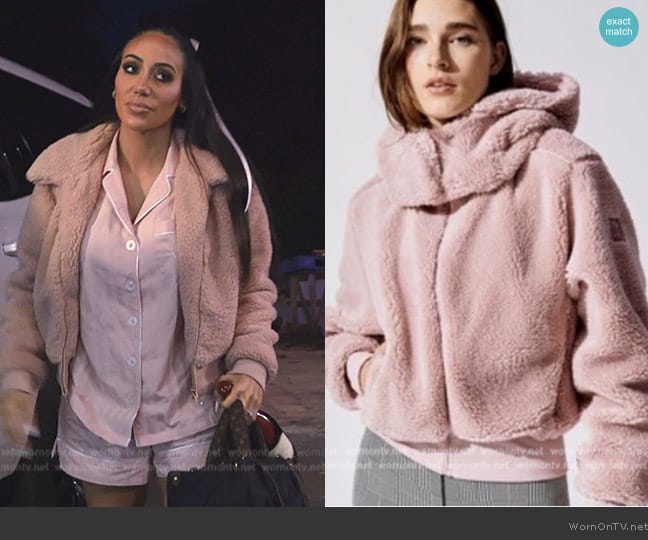 Alo Yoga Yoga Foxy Sherpa Jacket in Pink with Hood worn by Melissa Gorga on The Real Housewives of New Jersey