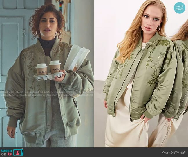 Asos Embroidered Oversized Bomber Jacket in sage green worn by Nadia Shanaa (Mina El Hammani) on Elite