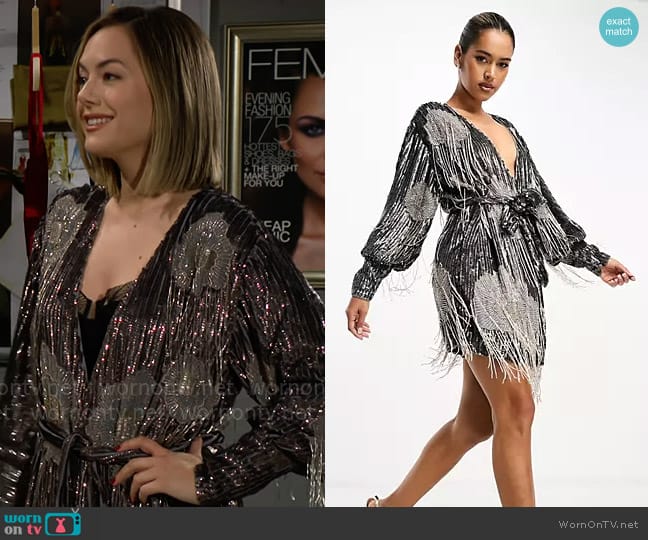 ASOS Design Floral fringe sequin wrap mini dress in charcoal worn by Hope Logan (Annika Noelle) on The Bold and the Beautiful