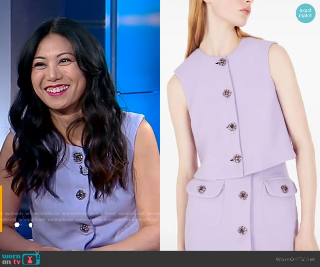 Adam Lippes Remo Crystal-Buttons Vest in Lavender worn by Liza Lapira on Good Morning America