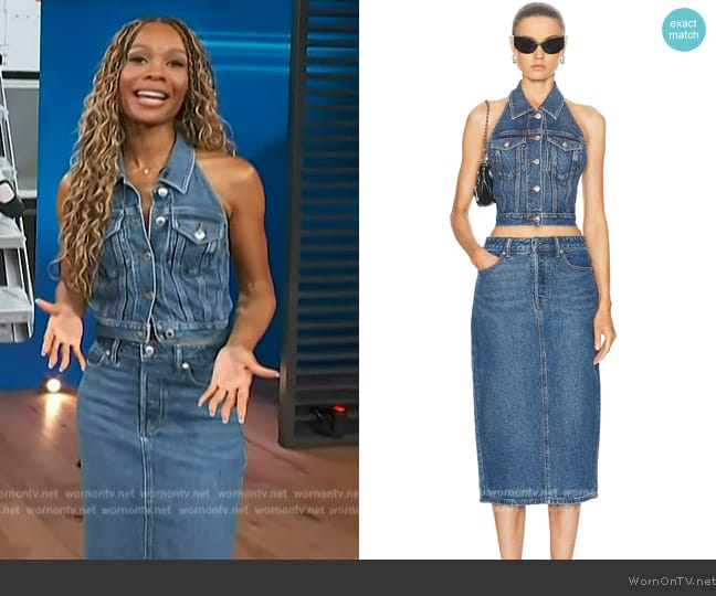 Alexander Wang Blue Halter Denim Vest worn by Zuri Hall on Access Hollywood