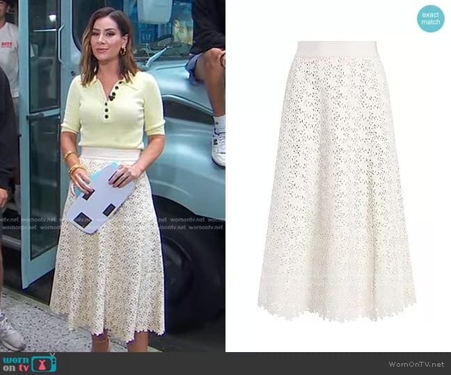 Alice + Olivia Sosie Leather Midi Skirt worn by Rebecca Jarvis on Good Morning America