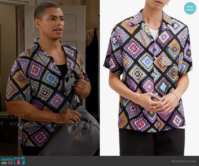 All Saints Tunar Crochet Print Camp Shirt worn by Zende Forrester Dominguez (Delon De Metz) on The Bold and the Beautiful