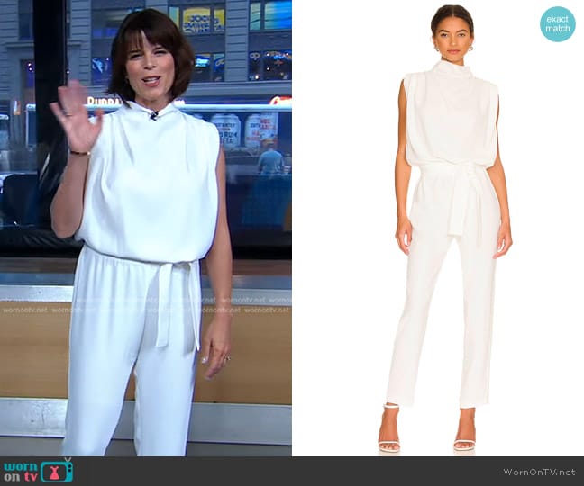 Amanda Uprichard Fabienne Jumpsuit in Ivory worn by Neve Campbell on Good Morning America