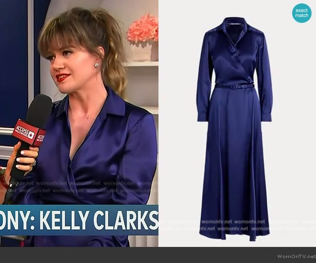 Ralph Lauren Collection Aniyah Silk Satin Day Dress in Dark Sapphire worn by Kelly Clarkson on Access Hollywood