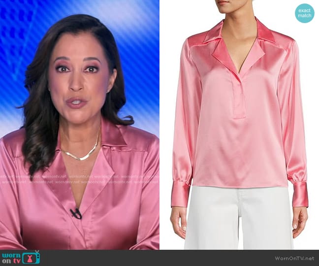 Antonio Melani Violet Silk Notch Collar V-Neck Long Sleeve Blouse in Taffy worn by Mireya Villarreal on Good Morning America