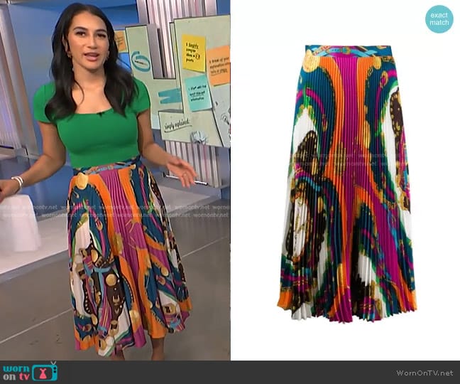 Versace Barocco Rodeo Print Pleated Midi Skirt worn by Morgan Radford on NBC News Daily