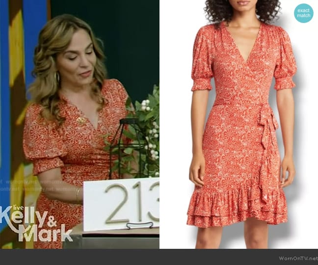 Boden Ruffle Jersey Wrap Dress Vermillion Azure Pop Paisley Floral Dress worn by Amy Brightfield on Live with Kelly and Mark