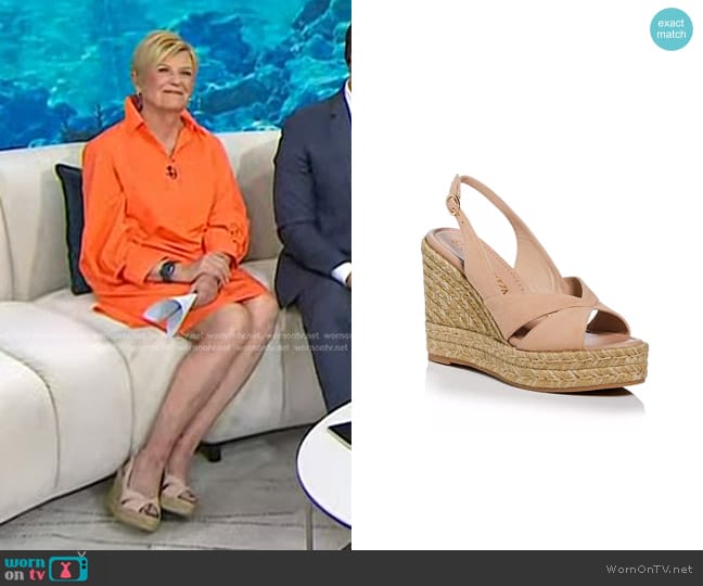 Stuart Weitzman Carmen Brown Espadrille Wedge Platform Sandals in Adobe worn by Anne Thompson on Today