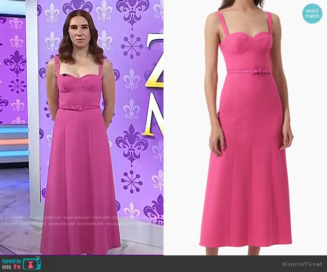 Carolina Herrera Thin-Strap Crepe Bustier Midi Dress in Flamingo worn by Zosia Mamet on Today