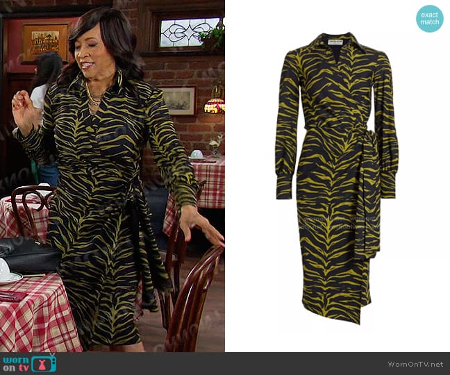 Chiara Boni La Petite Robe Lodal Zebra Faux-Wrap Midi-Dress in Green Tiger worn by Paulina Price (Jackée Harry) on Days of our Lives