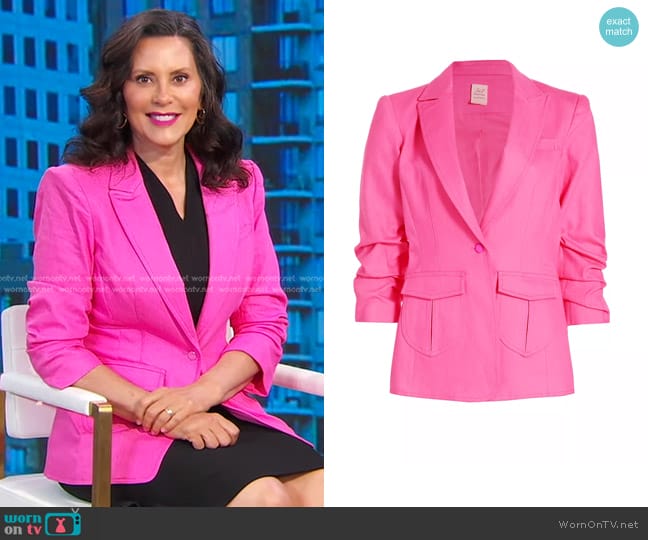 Cinq à Sept Louisa Peak Stretch Denim Blazer in Electric Pink worn by Gretchen Whitmer on Good Morning America