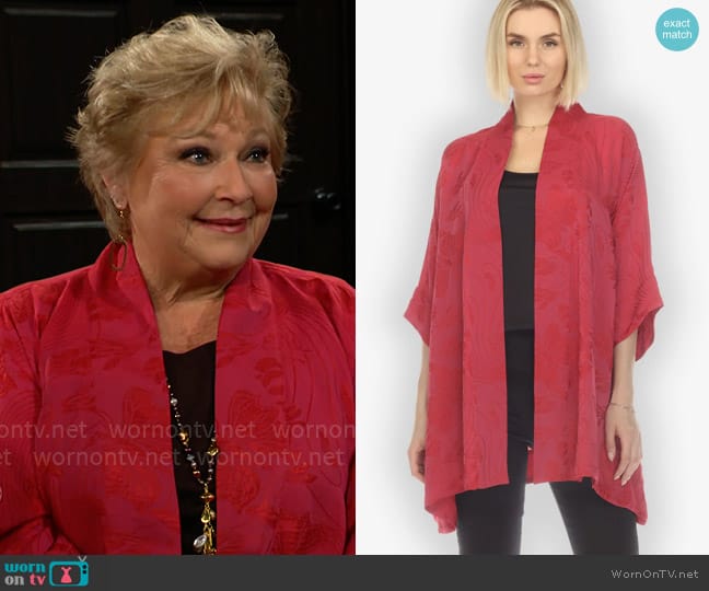 Citron Solid Pinkish-Red Silk Kimono Top worn by Traci Abbott (Beth Maitland) on The Young and the Restless