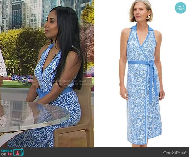 DVF for Target Collared Sleeveless Sea Twig Blue Sweaterknit Midi Wrap Dress worn by Dr. Roshini Rajapaksa on Today