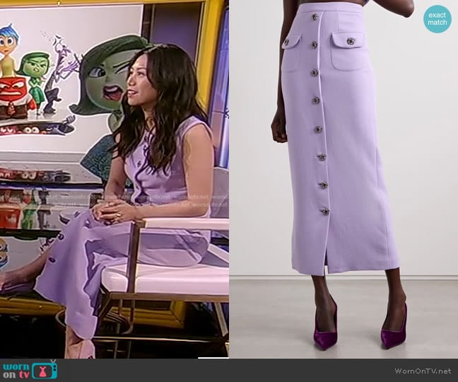 Adam Lippes Dakota Crystal-Buttons  Skirt in Lavender worn by Liza Lapira on Good Morning America