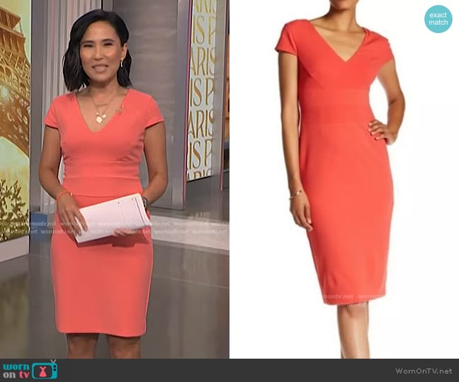 Donna Morgan Cap Sleeve Fitted Stretch Crepe Sheath Dress worn by Vicky Nguyen on NBC News Daily