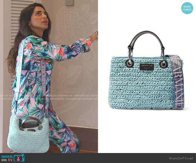 Emporio Armani Raffia Medium Tote Bag in Green worn by Sara Al Madani (Sara Al Madani) on The Real Housewives of Dubai