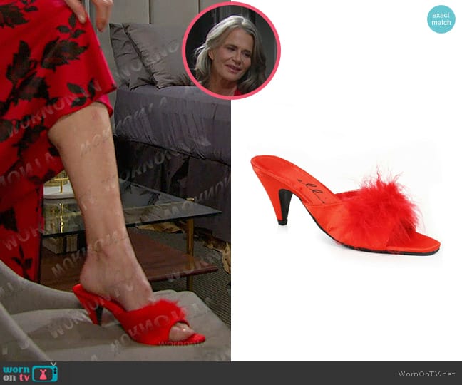 Ellie Shoes Satin Maribou Slippers worn by Fiona Cook (Serena Scott Thomas) on Days of our Lives