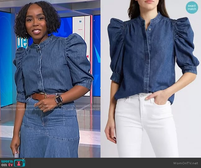 Frame Gillian Denim Puff-Sleeve Top worn by Zinhle Essamuah on NBC News Daily