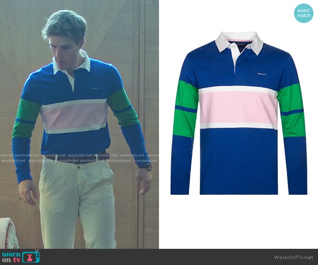 Gant Colour Blocked Long Sleeve Rugger Shirt in Blue worn by Héctor Krawietz (Nuno Gallego) on Elite