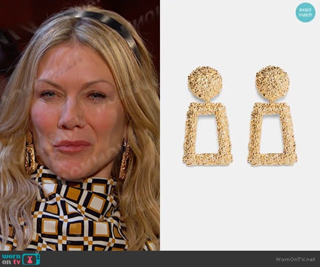 Zara Golden Raised Design Earrings worn by Kristen DiMera (Stacy Haiduk) on Days of our Lives